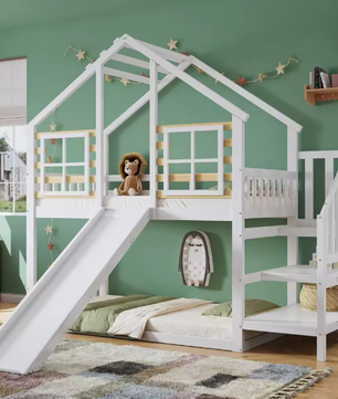 Stapelbed 90x200 cm met glijbaan en trap – Houten kinderbed met dak, raam en valbeveiliging