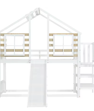 Stapelbed 90x200 cm met glijbaan en trap – Houten kinderbed met dak, raam en valbeveiliging