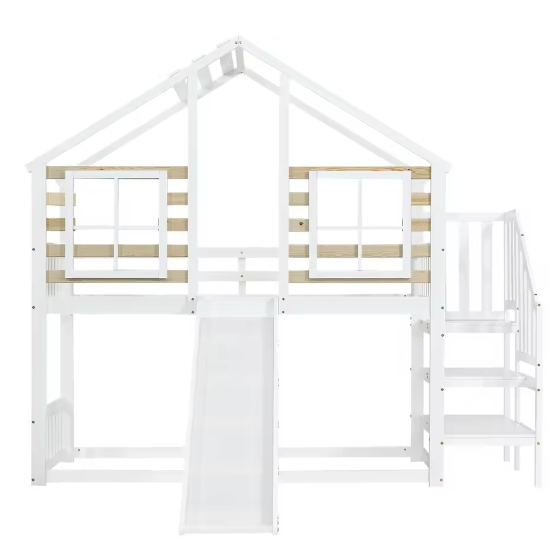 Stapelbed 90x200 cm met glijbaan en trap – Houten kinderbed met dak, raam en valbeveiliging