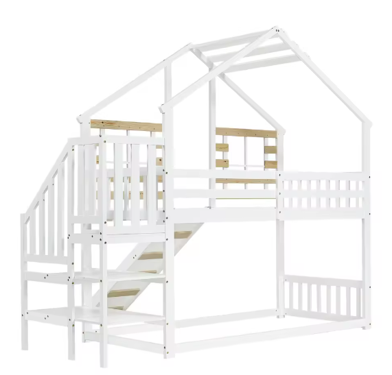 Stapelbed 90x200 cm met glijbaan en trap – Houten kinderbed met dak, raam en valbeveiliging