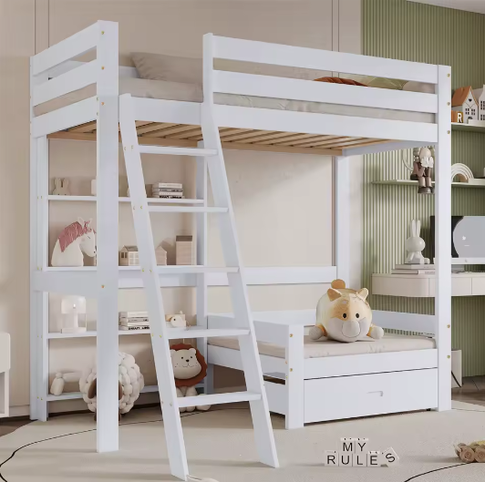 Stapelbed 90x200 cm met Bank, Lade en Planken – Houten Hoogslaper met Schuine Ladder