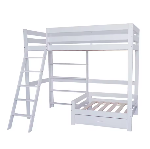 Stapelbed 90x200 cm met Bank, Lade en Planken – Houten Hoogslaper met Schuine Ladder