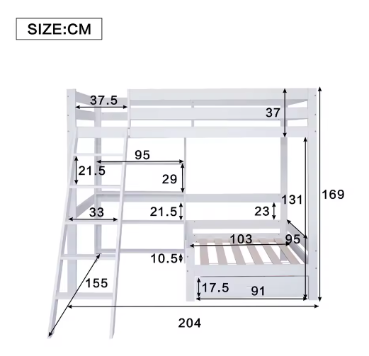 Stapelbed 90x200 cm met Bank, Lade en Planken – Houten Hoogslaper met Schuine Ladder