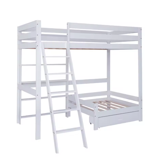 Stapelbed 90x200 cm met Bank, Lade en Planken – Houten Hoogslaper met Schuine Ladder