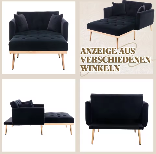 Verstelbare Bank-Fauteuil met Omzetbaar Bed – 165×90×77 cm, 3 Standen Rugleuning, Comfortabel en Multifunctioneel