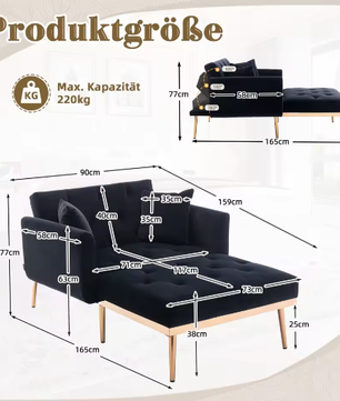 Verstelbare Bank-Fauteuil met Omzetbaar Bed – 165×90×77 cm, 3 Standen Rugleuning, Comfortabel en Multifunctioneel