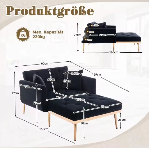 Verstelbare Bank-Fauteuil met Omzetbaar Bed – 165×90×77 cm, 3 Standen Rugleuning, Comfortabel en Multifunctioneel