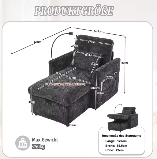Multifunctionele Loungebank met Opklapbare Rugleuning en Telefoonhouder – Chenille Vrijetijdsstoel voor Woon- en Slaapkamer