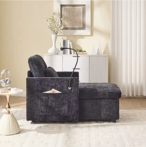 Multifunctionele Loungebank met Opklapbare Rugleuning en Telefoonhouder – Chenille Vrijetijdsstoel voor Woon- en Slaapkamer