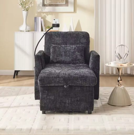 Multifunctionele Loungebank met Opklapbare Rugleuning en Telefoonhouder – Chenille Vrijetijdsstoel voor Woon- en Slaapkamer
