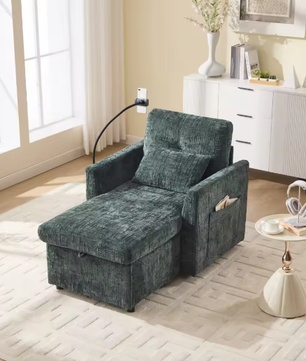 Multifunctionele Loungebank met Opklapbare Rugleuning en Telefoonhouder – Chenille Vrijetijdsstoel voor Woon- en Slaapkamer
