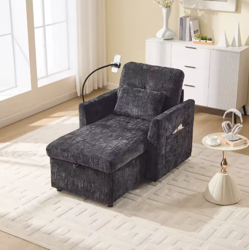 Multifunctionele Loungebank met Opklapbare Rugleuning en Telefoonhouder – Chenille Vrijetijdsstoel voor Woon- en Slaapkamer