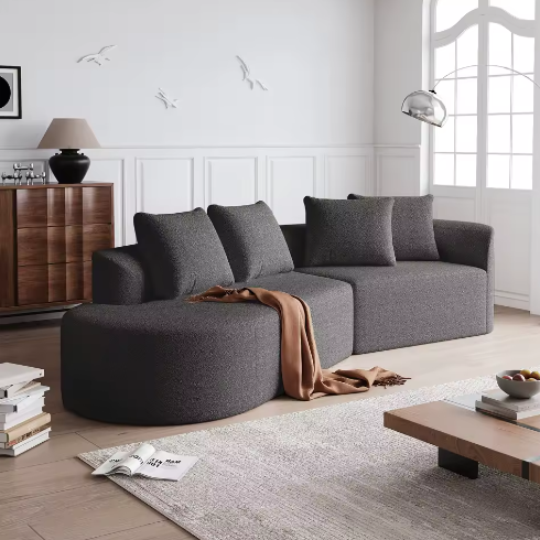 Moderne Chenille Hoekbank 4-Zits – Extra Diepe en Brede Zitting, Gebogen Wolkenbank