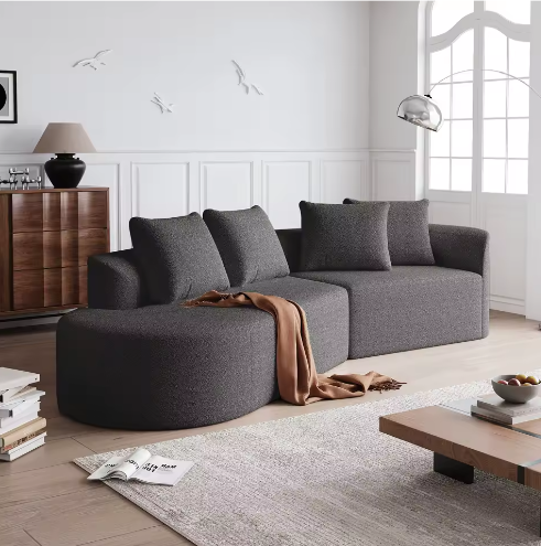 Moderne Chenille Hoekbank 4-Zits – Extra Diepe en Brede Zitting, Gebogen Wolkenbank