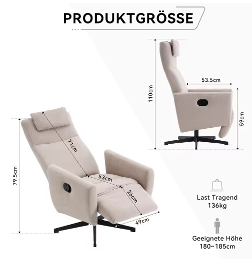 Comfortabele Draaibare Slaap- en Loungestoel – Verstelbare Rugleuning en Voetsteun