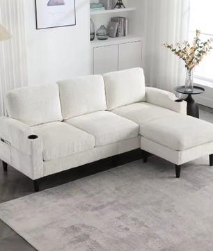 Kruk en Opbergbank – 4-Zits Chenille Bank met Armleuningen, Bekerhouders en Zijvakken voor Woonkamer