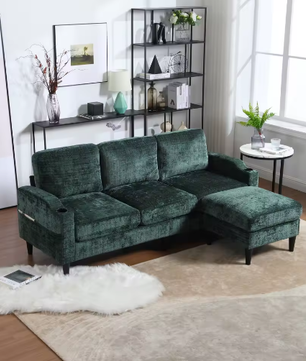 Kruk en Opbergbank – 4-Zits Chenille Bank met Armleuningen, Bekerhouders en Zijvakken voor Woonkamer