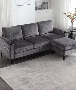 Kruk en Opbergbank – 4-Zits Chenille Bank met Armleuningen, Bekerhouders en Zijvakken voor Woonkamer