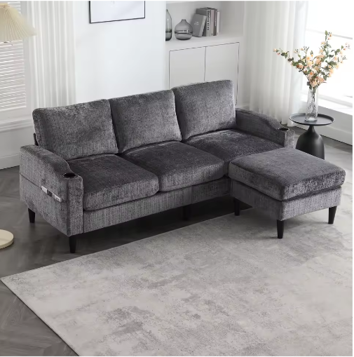 Kruk en Opbergbank – 4-Zits Chenille Bank met Armleuningen, Bekerhouders en Zijvakken voor Woonkamer