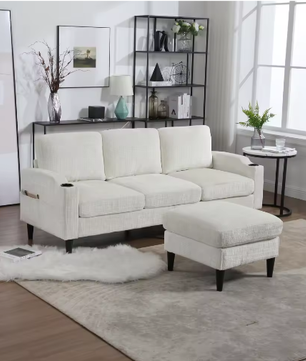 Kruk en Opbergbank – 4-Zits Chenille Bank met Armleuningen, Bekerhouders en Zijvakken voor Woonkamer