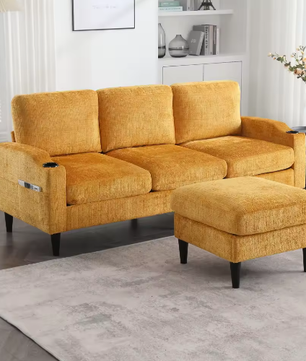 Kruk en Opbergbank – 4-Zits Chenille Bank met Armleuningen, Bekerhouders en Zijvakken voor Woonkamer