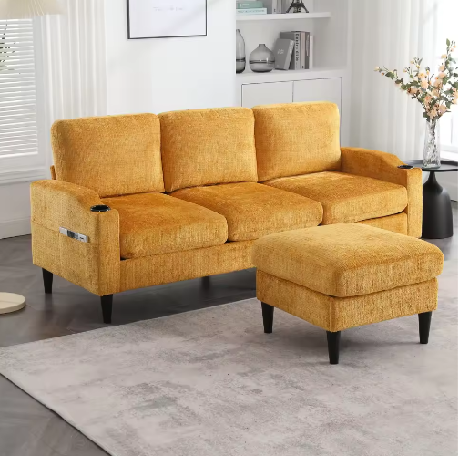 Kruk en Opbergbank – 4-Zits Chenille Bank met Armleuningen, Bekerhouders en Zijvakken voor Woonkamer