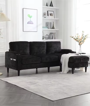 Kruk en Opbergbank – 4-Zits Chenille Bank met Armleuningen, Bekerhouders en Zijvakken voor Woonkamer