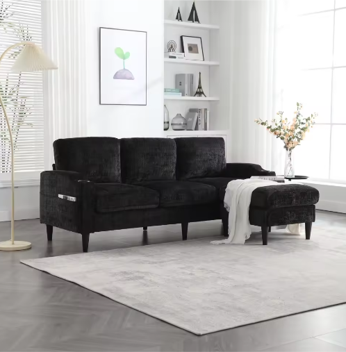 Kruk en Opbergbank – 4-Zits Chenille Bank met Armleuningen, Bekerhouders en Zijvakken voor Woonkamer