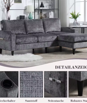 Kruk en Opbergbank – 4-Zits Chenille Bank met Armleuningen, Bekerhouders en Zijvakken voor Woonkamer