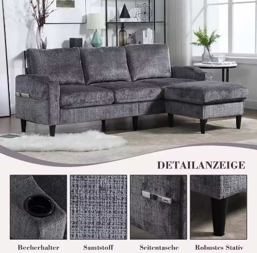 Kruk en Opbergbank – 4-Zits Chenille Bank met Armleuningen, Bekerhouders en Zijvakken voor Woonkamer