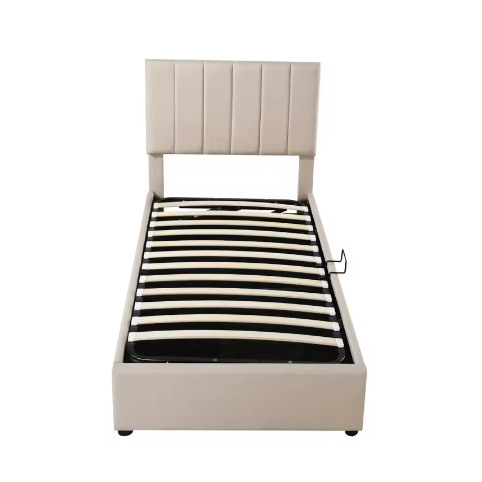 Gestoffeerd Eenpersoonsbed 90x200 cm met Opbergruimte – Hydraulisch Bedframe van Linnen