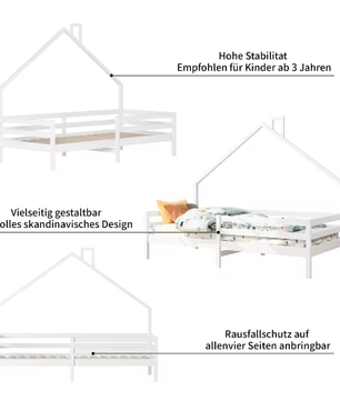 Kinderbed 90×200 cm met Valbeveiliging – Houten Boomhutbed met Lattenbodem