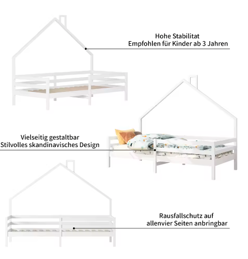 Kinderbed 90×200 cm met Valbeveiliging – Houten Boomhutbed met Lattenbodem