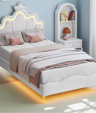 Kinderbed 90×200 cm met LED-verlichting en Kroonhoofdbord – Gestoffeerd PU-Leren Bed met Lattenbodem