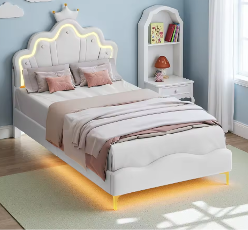 Kinderbed 90×200 cm met LED-verlichting en Kroonhoofdbord – Gestoffeerd PU-Leren Bed met Lattenbodem
