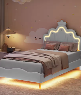 Kinderbed 90×200 cm met LED-verlichting en Kroonhoofdbord – Gestoffeerd PU-Leren Bed met Lattenbodem