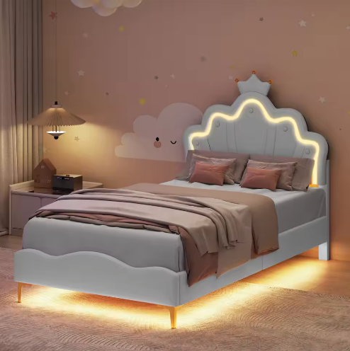 Kinderbed 90×200 cm met LED-verlichting en Kroonhoofdbord – Gestoffeerd PU-Leren Bed met Lattenbodem