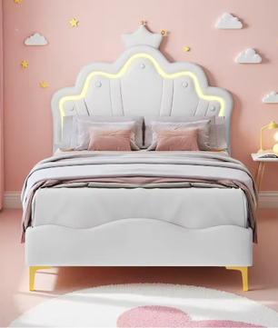 Kinderbed 90×200 cm met LED-verlichting en Kroonhoofdbord – Gestoffeerd PU-Leren Bed met Lattenbodem