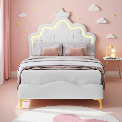 Kinderbed 90×200 cm met LED-verlichting en Kroonhoofdbord – Gestoffeerd PU-Leren Bed met Lattenbodem