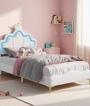 Kinderbed 90×200 cm met LED-verlichting en Kroonhoofdbord – Gestoffeerd PU-Leren Bed met Lattenbodem