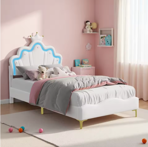 Kinderbed 90×200 cm met LED-verlichting en Kroonhoofdbord – Gestoffeerd PU-Leren Bed met Lattenbodem