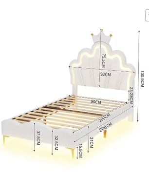 Kinderbed 90×200 cm met LED-verlichting en Kroonhoofdbord – Gestoffeerd PU-Leren Bed met Lattenbodem