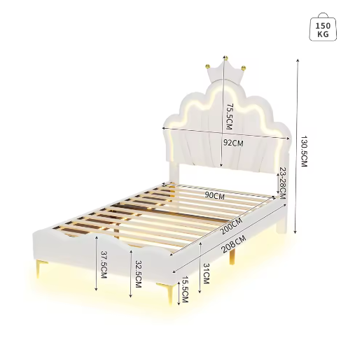 Kinderbed 90×200 cm met LED-verlichting en Kroonhoofdbord – Gestoffeerd PU-Leren Bed met Lattenbodem