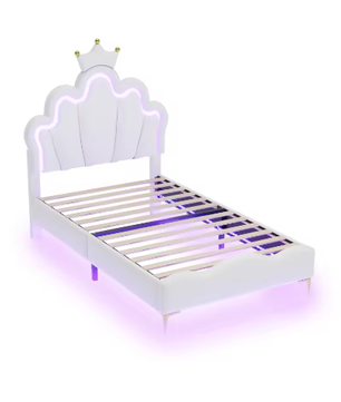 Kinderbed 90×200 cm met LED-verlichting en Kroonhoofdbord – Gestoffeerd PU-Leren Bed met Lattenbodem