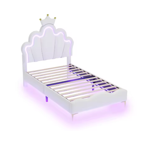 Kinderbed 90×200 cm met LED-verlichting en Kroonhoofdbord – Gestoffeerd PU-Leren Bed met Lattenbodem