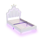 Kinderbed 90×200 cm met LED-verlichting en Kroonhoofdbord – Gestoffeerd PU-Leren Bed met Lattenbodem