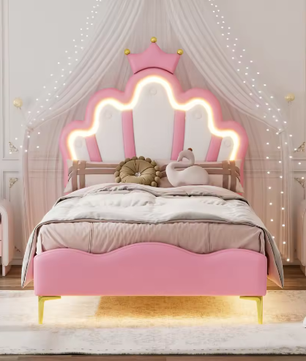 Kinderbed 90×200 cm met LED-verlichting en Kroonhoofdbord – Gestoffeerd PU-Leren Bed met Lattenbodem