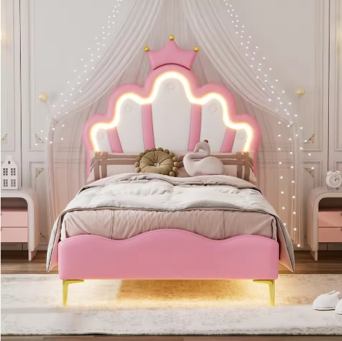 Kinderbed 90×200 cm met LED-verlichting en Kroonhoofdbord – Gestoffeerd PU-Leren Bed met Lattenbodem