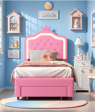 Gewatteerd Kinderbed / Jeugdbed met Kroonhoofdbord en LED – PU-Leren Bedframe met Lades