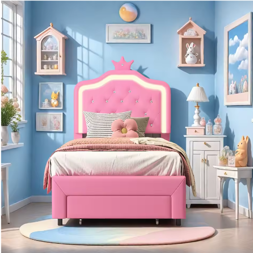 Gewatteerd Kinderbed / Jeugdbed met Kroonhoofdbord en LED – PU-Leren Bedframe met Lades